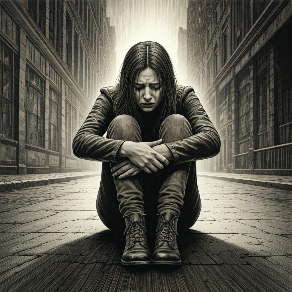 Despairing Woman in Cityscape: Realistic Pencil Art