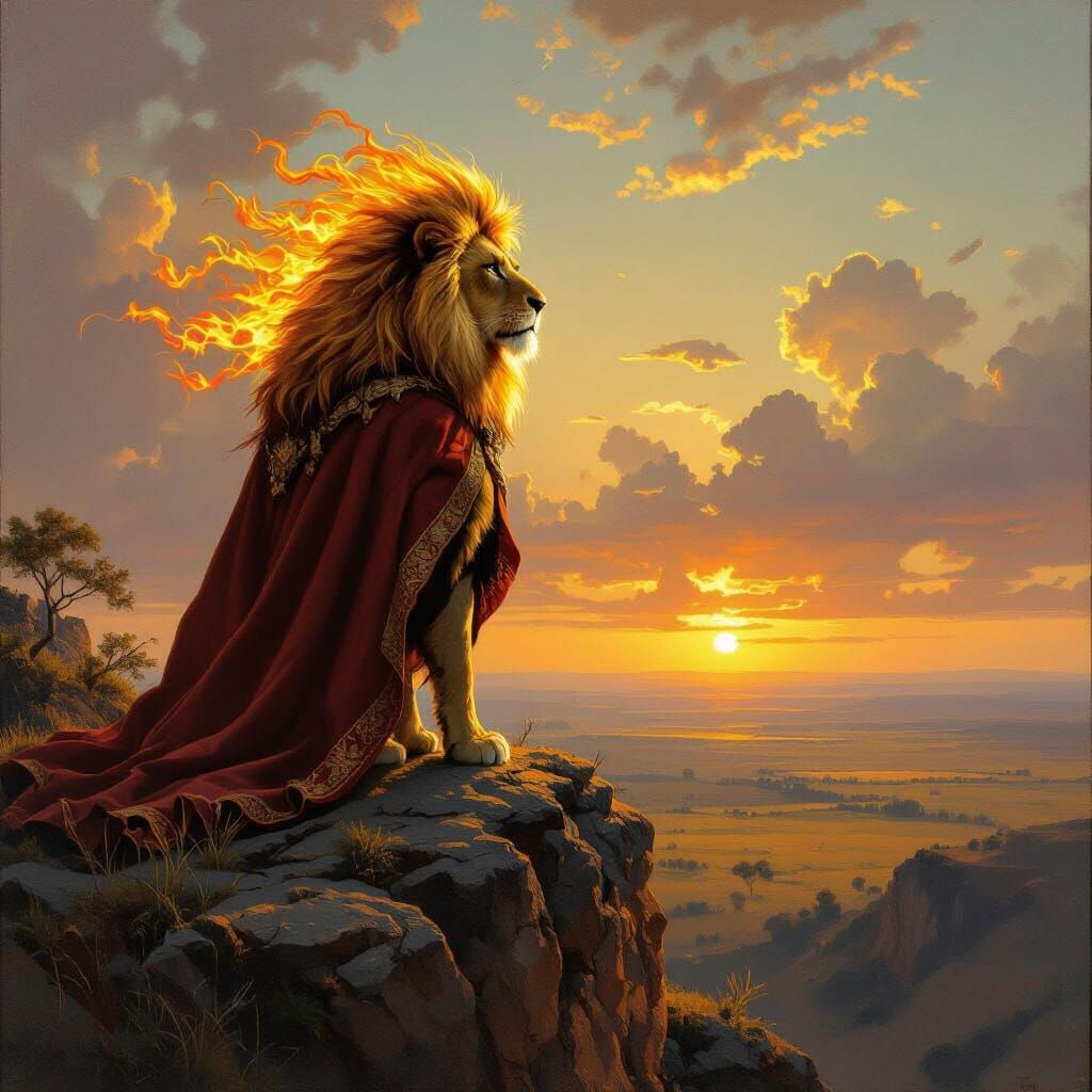 Fiery Lion on Savanna Cliff, Oil Painting