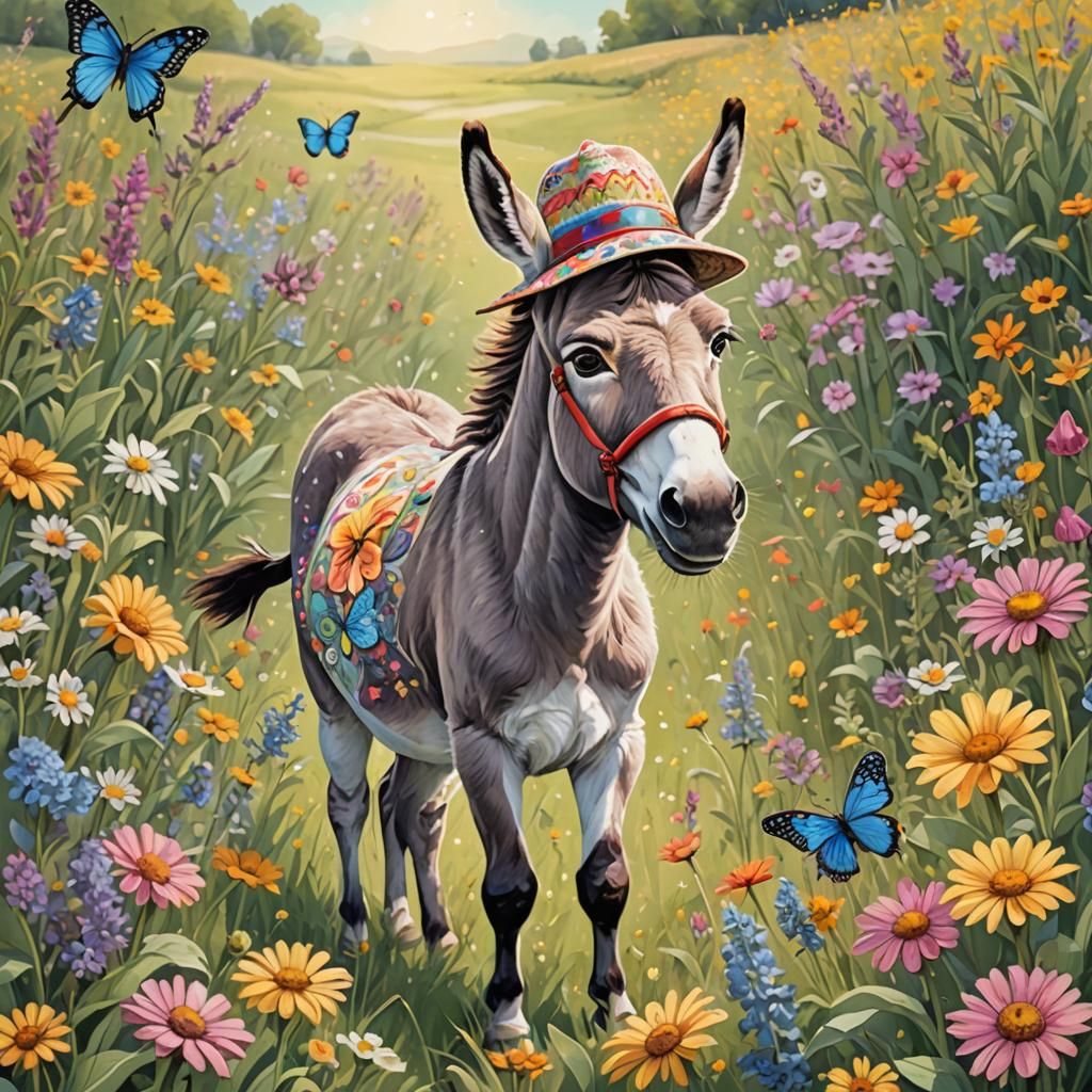 Whimsical Donkey Smiles in Colorful Flower Field