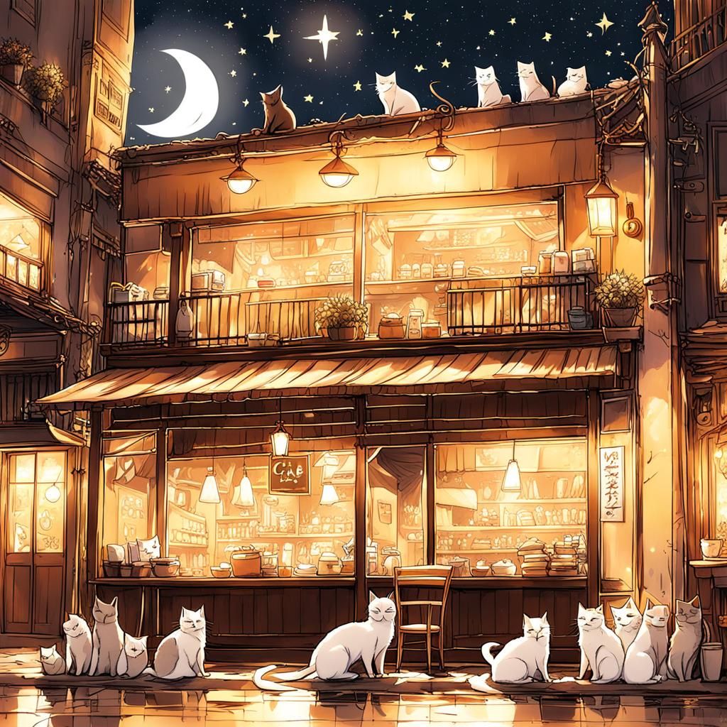 Night Cafe with Cats in Anime Style
