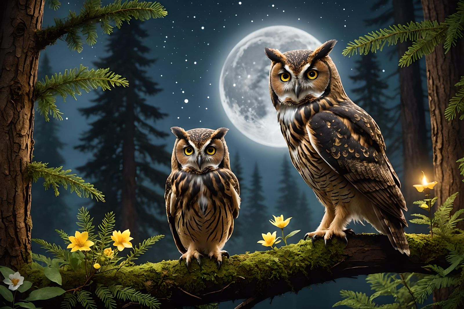 🌿🦉✨ Enchanting Rainforest Night: Owl Family under the Moon...