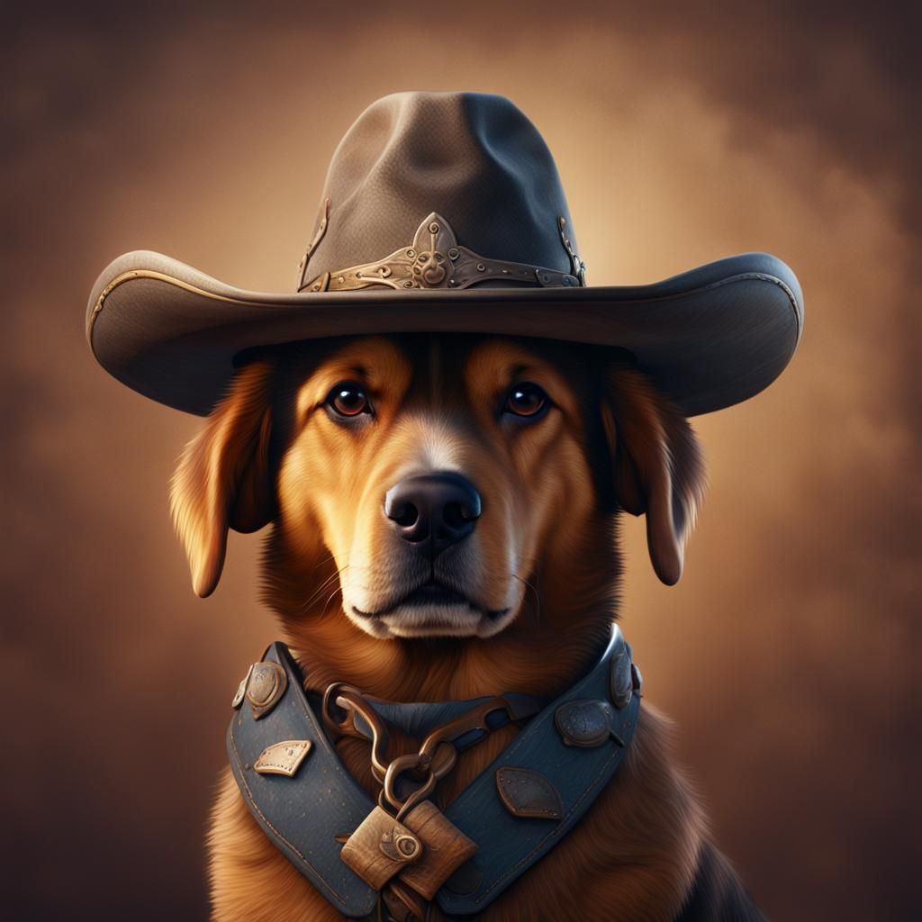 Dog in Cowboy Hat, Detailed Matte Painting
