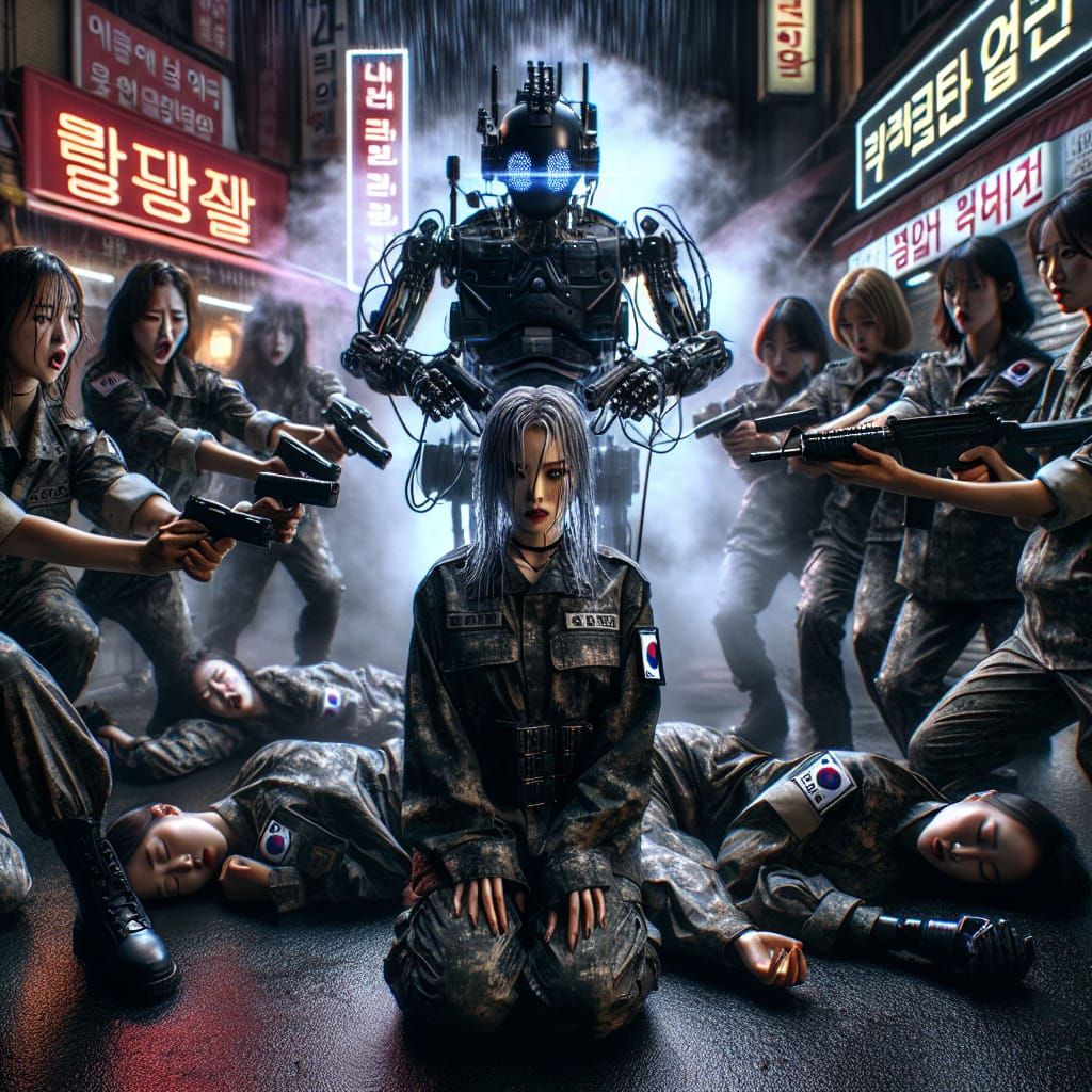 Defiant Korean Soldier in Hypnotic Street Scene