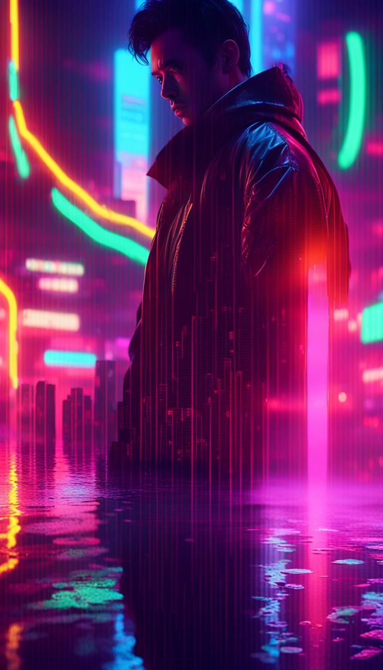 Neon Sci-Fi Cityscape with Lone Figure