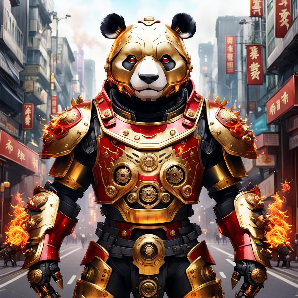 Flaming Panda Mech in Anime Style