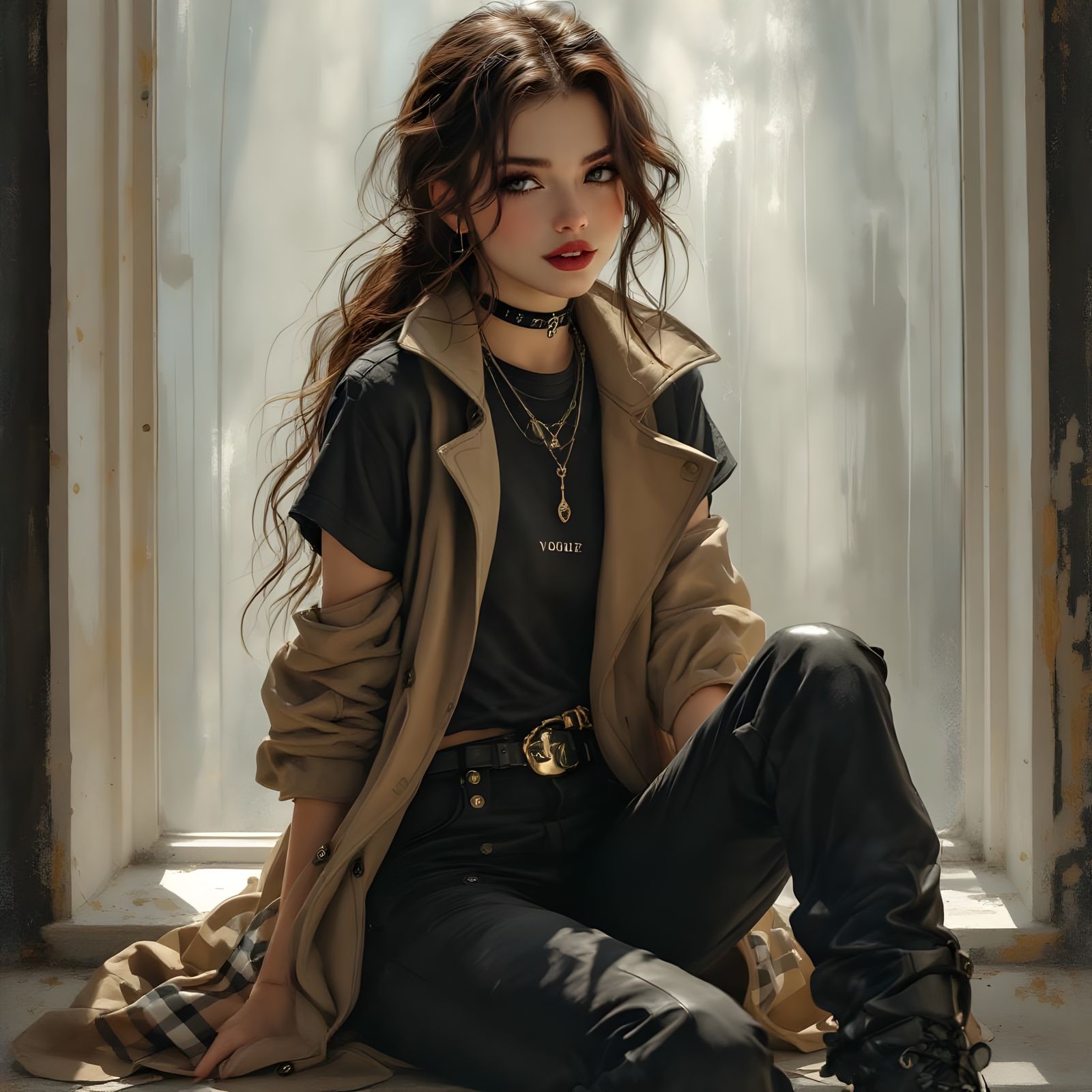 Gothic Girl in Burberry: Oil Painting Portrait
