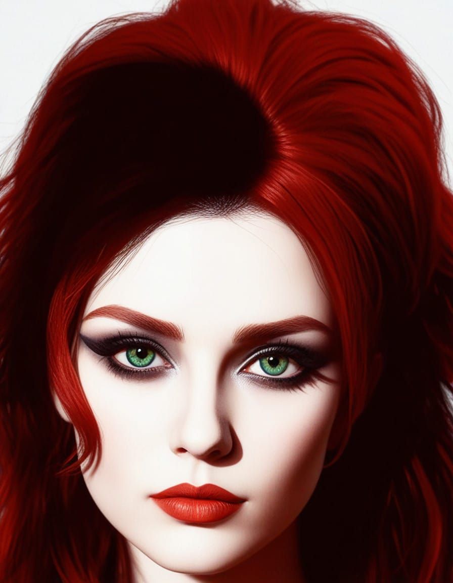Stunning portrait magical female Gothic Mage with red hair and green eyes with red eyeshadow and red eyeliner and red li...