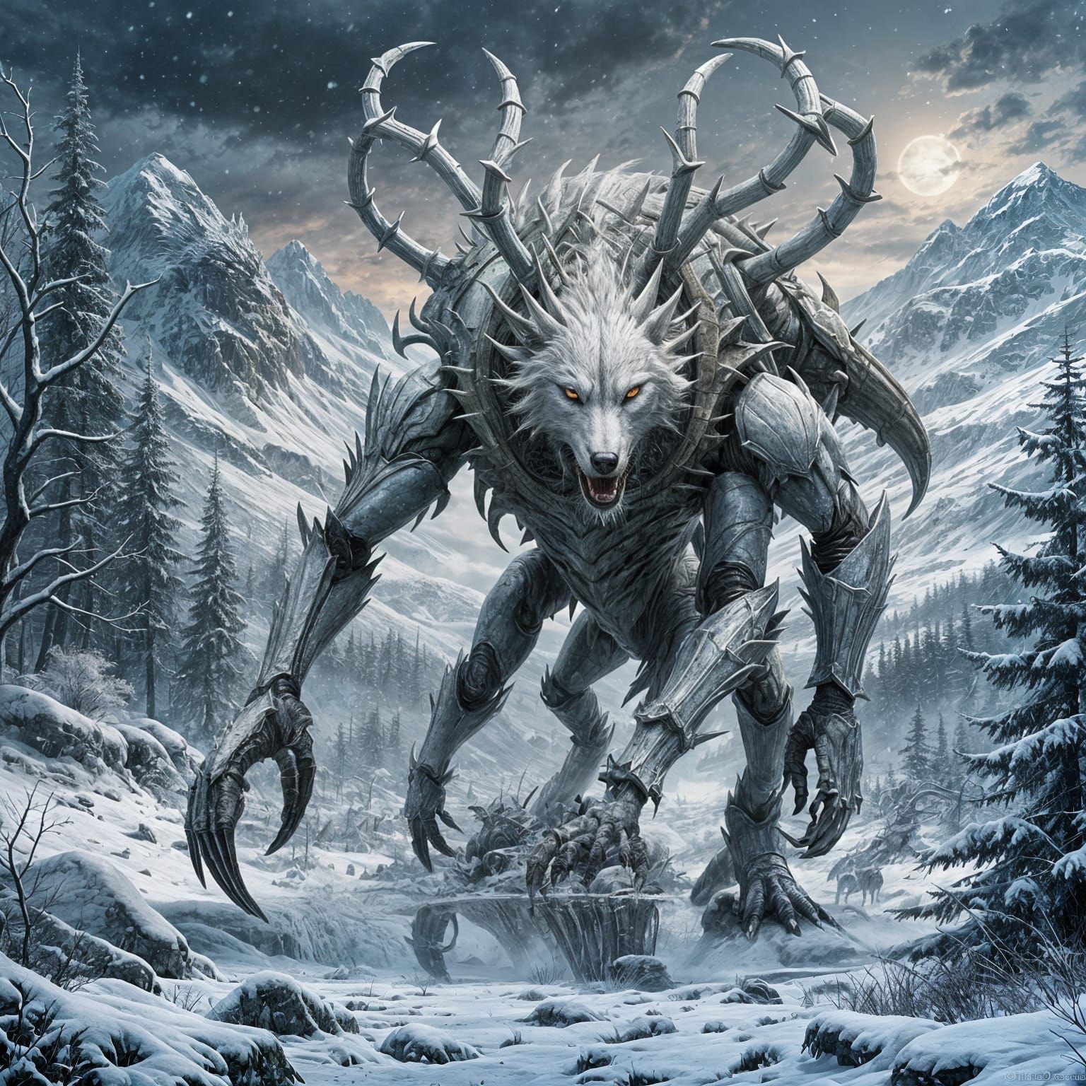 Monstrous Wolf-Crab Creature in Winter Landscape