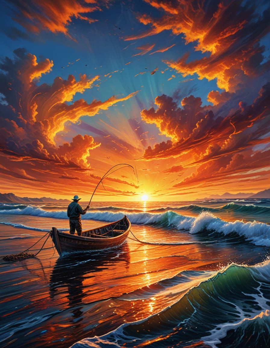 Fisherman at Sunset: Vivid Digital Oil Painting