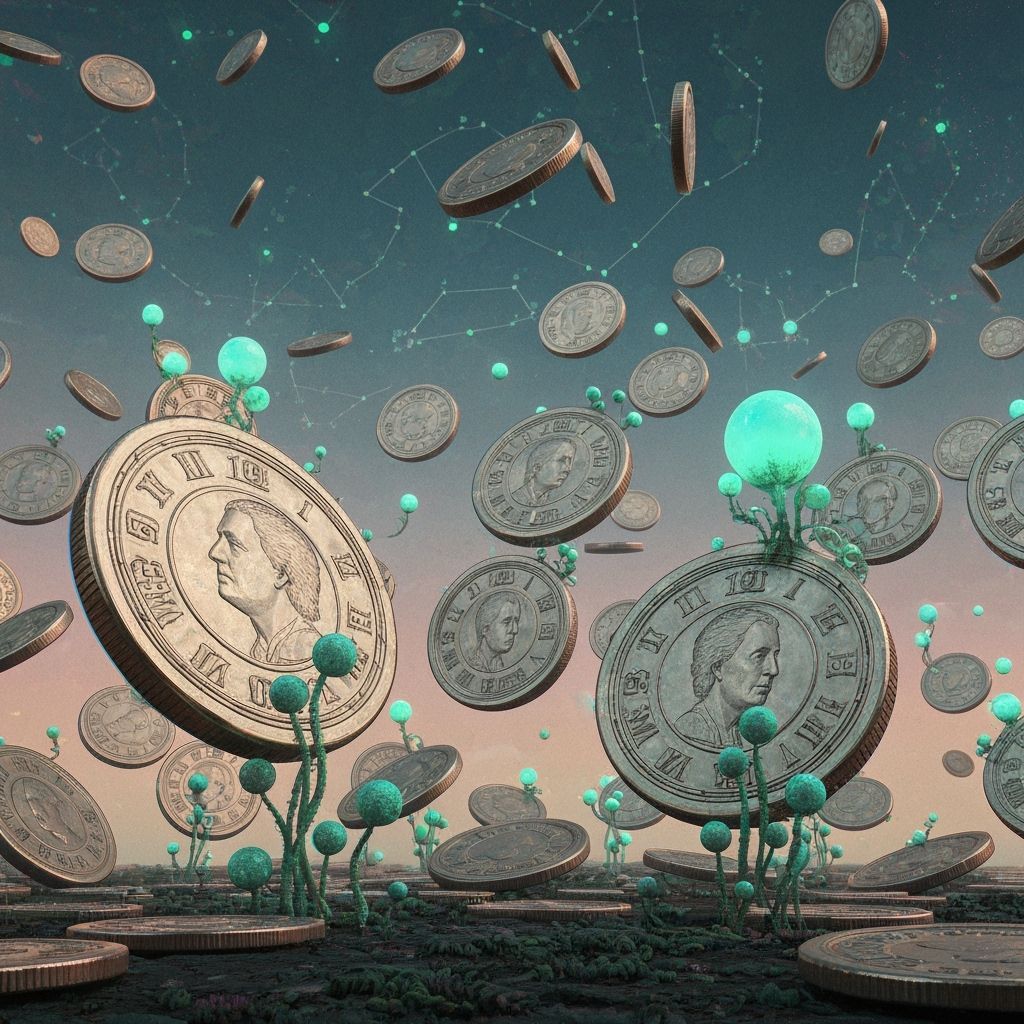 Surreal Dreamscape of Floating Coins and Clockwork Stars