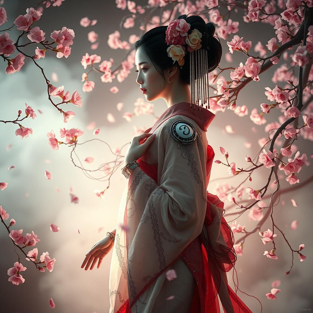 Cyberpunk Geisha with Robotic Limbs in Cherry Blossom Storm