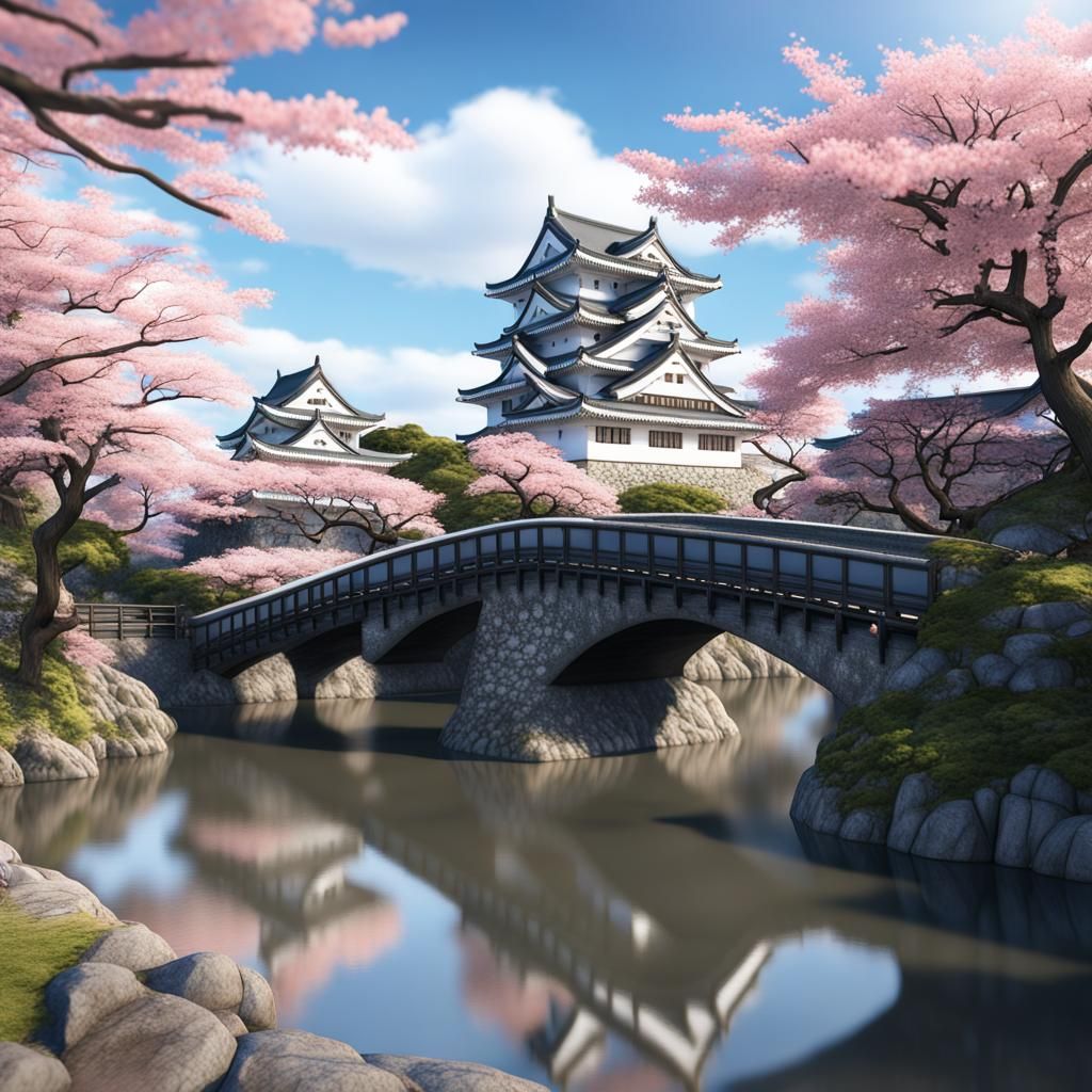 Himeji Castle with Sakura Trees in Detailed Matte Painting