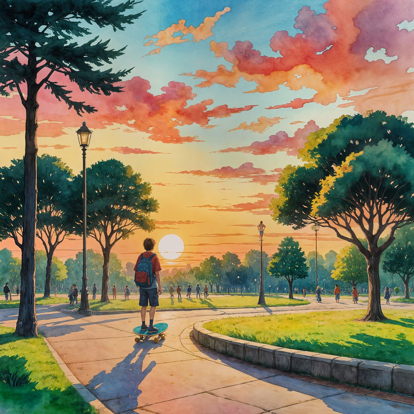 Skateboarder at Sunset: Ghibli-Style Watercolor Painting