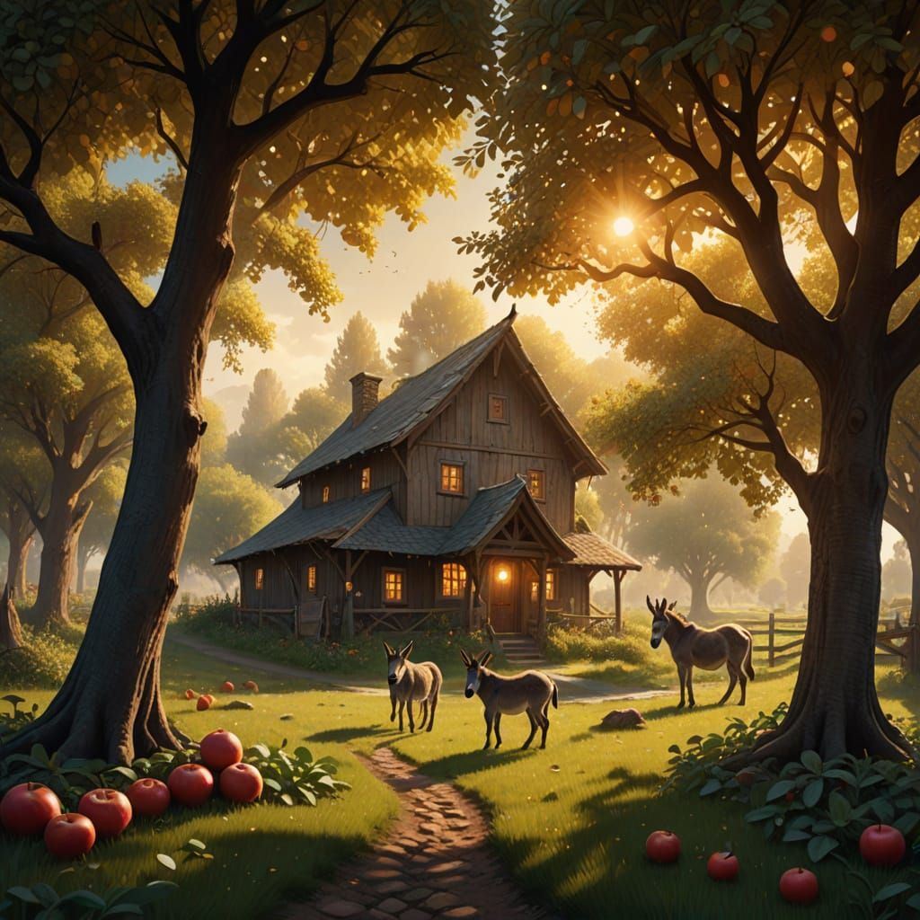 Whimsical Donkeys in an Idyllic Golden Orchard Scene
