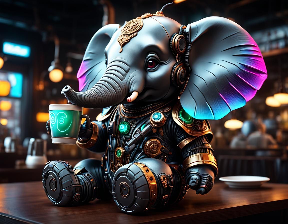 Cyberpunk Baby Elephant Relaxing in Coffee Shop