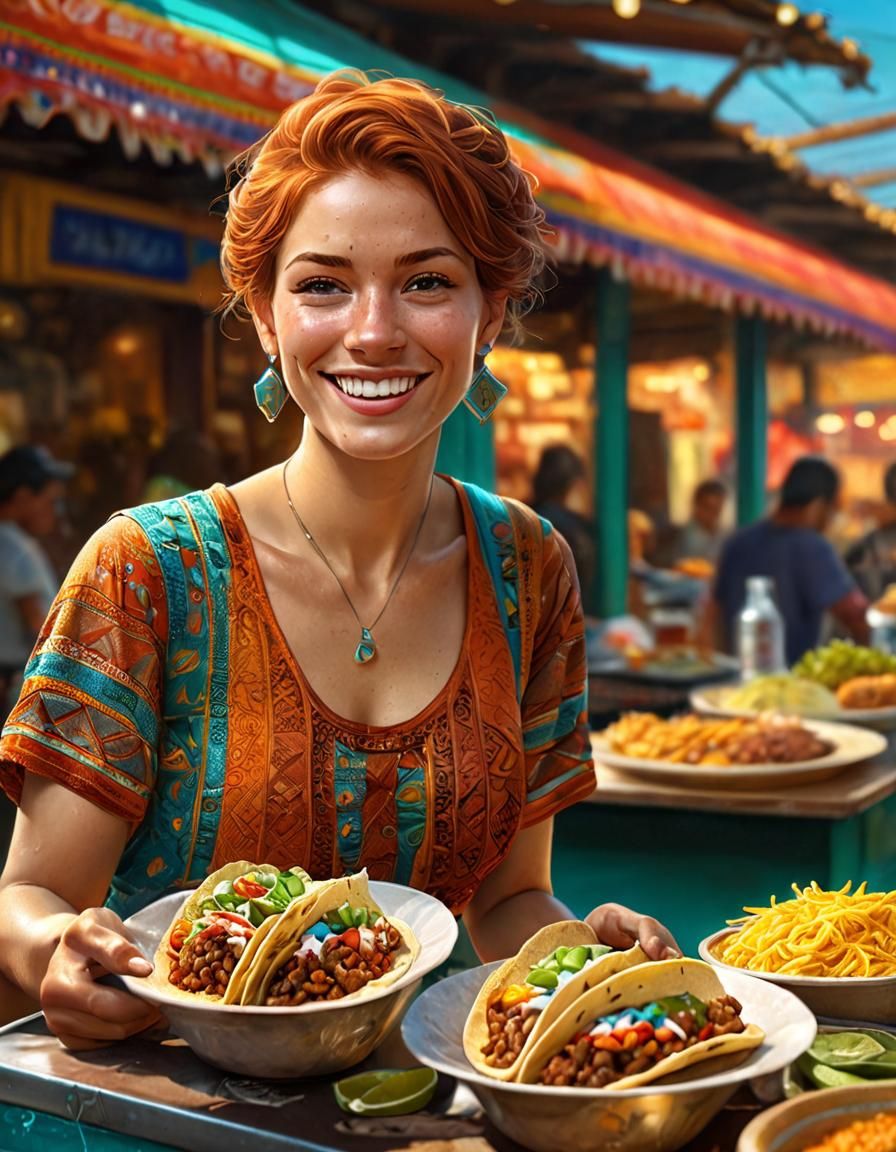Woman Buying Tacos in Vibrant Concept Art