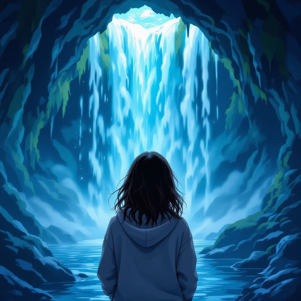 Teenage Girl in Mystical Cave Behind Waterfall