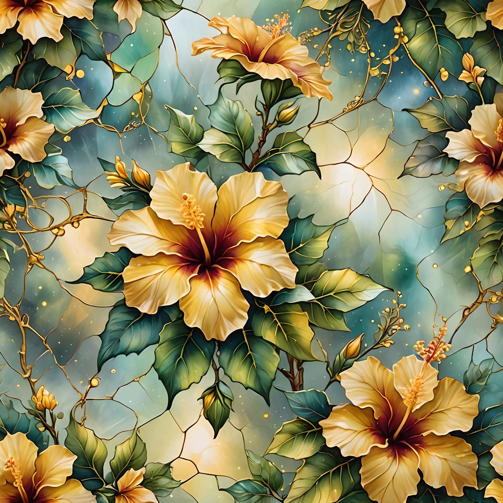 Yellow Hibiscus with Gold Sparkles in Stained Glass Style