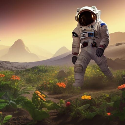 Astronaut Gardening on Mars with Colorful Flora