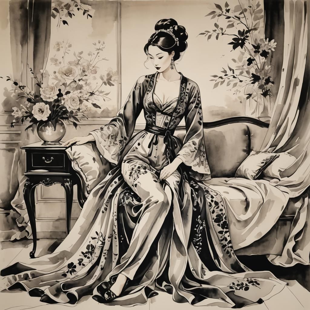 Silk Boudoir: A Modern Ink Painting