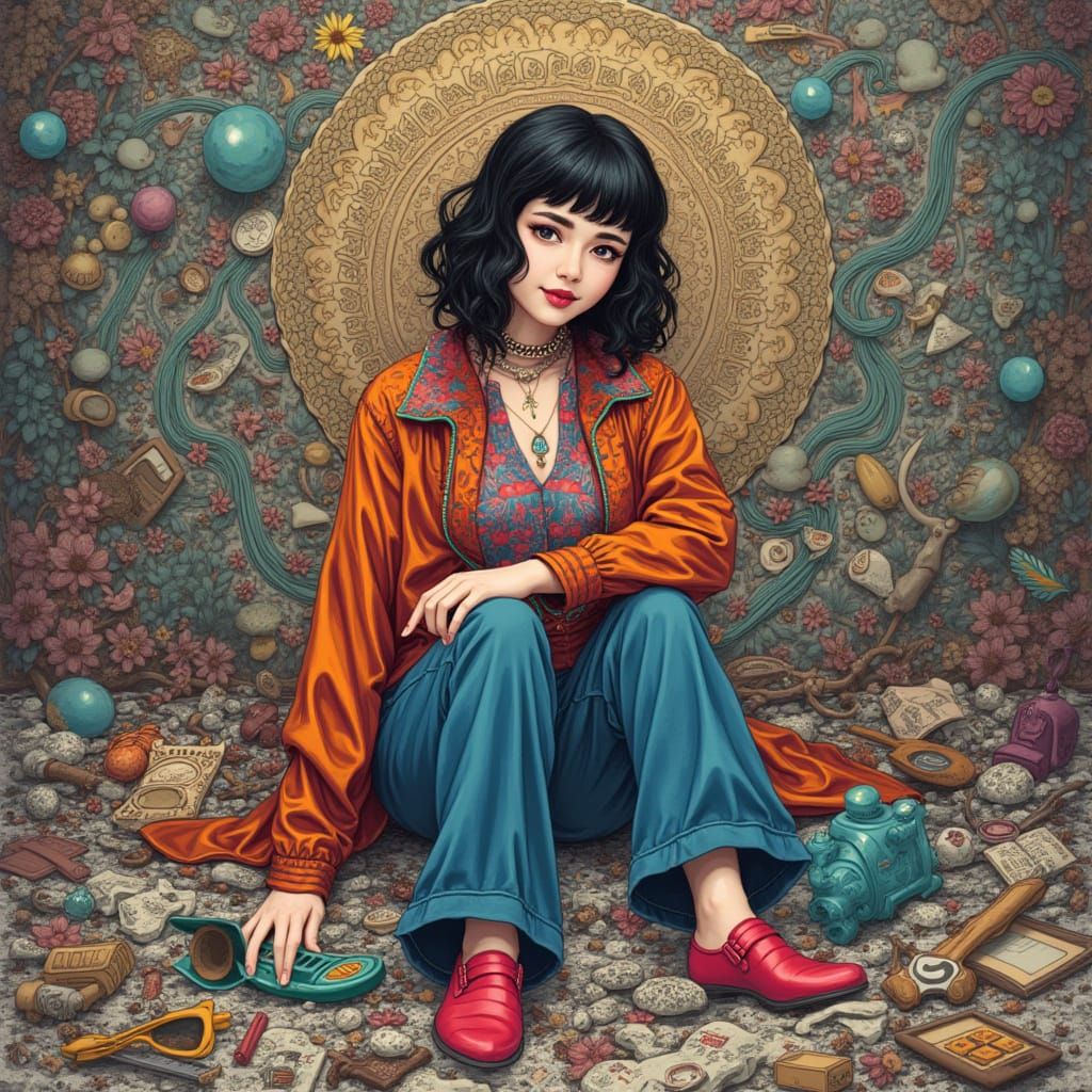 Anime Woman Surrounded by Fractured Patterns