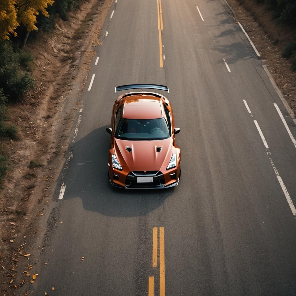 Nissan GTR at Sunset on Autumn Road