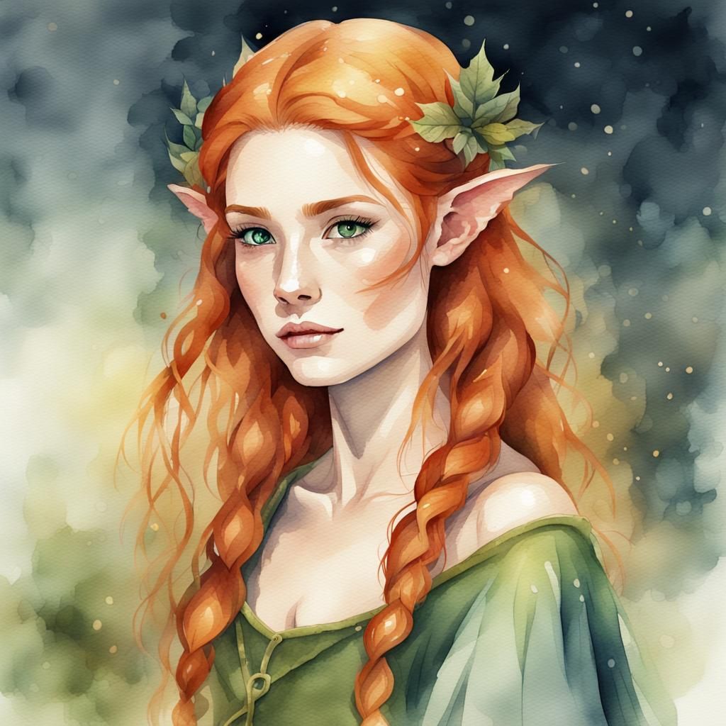 Beautiful Ginger Elf Woman in Watercolor Style