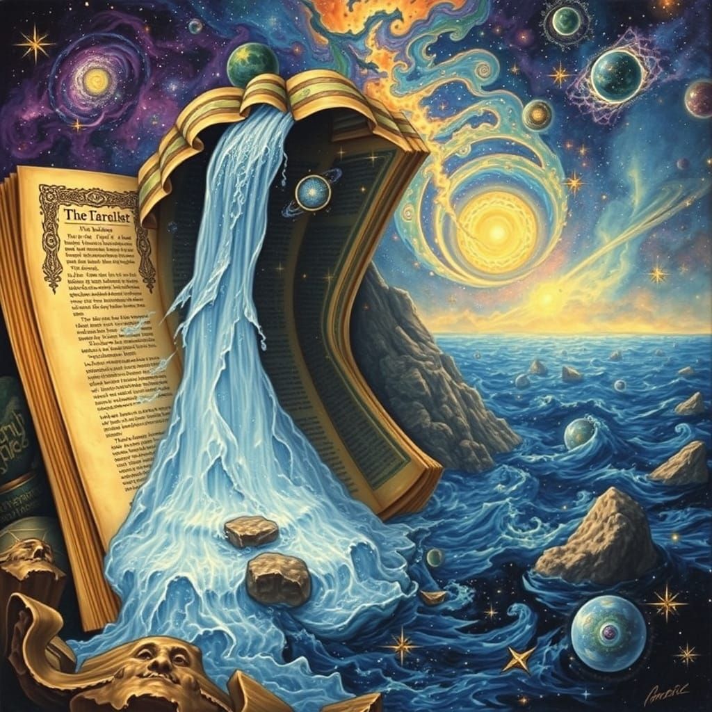 Mystical Waterfall Cascading from Torah Scroll