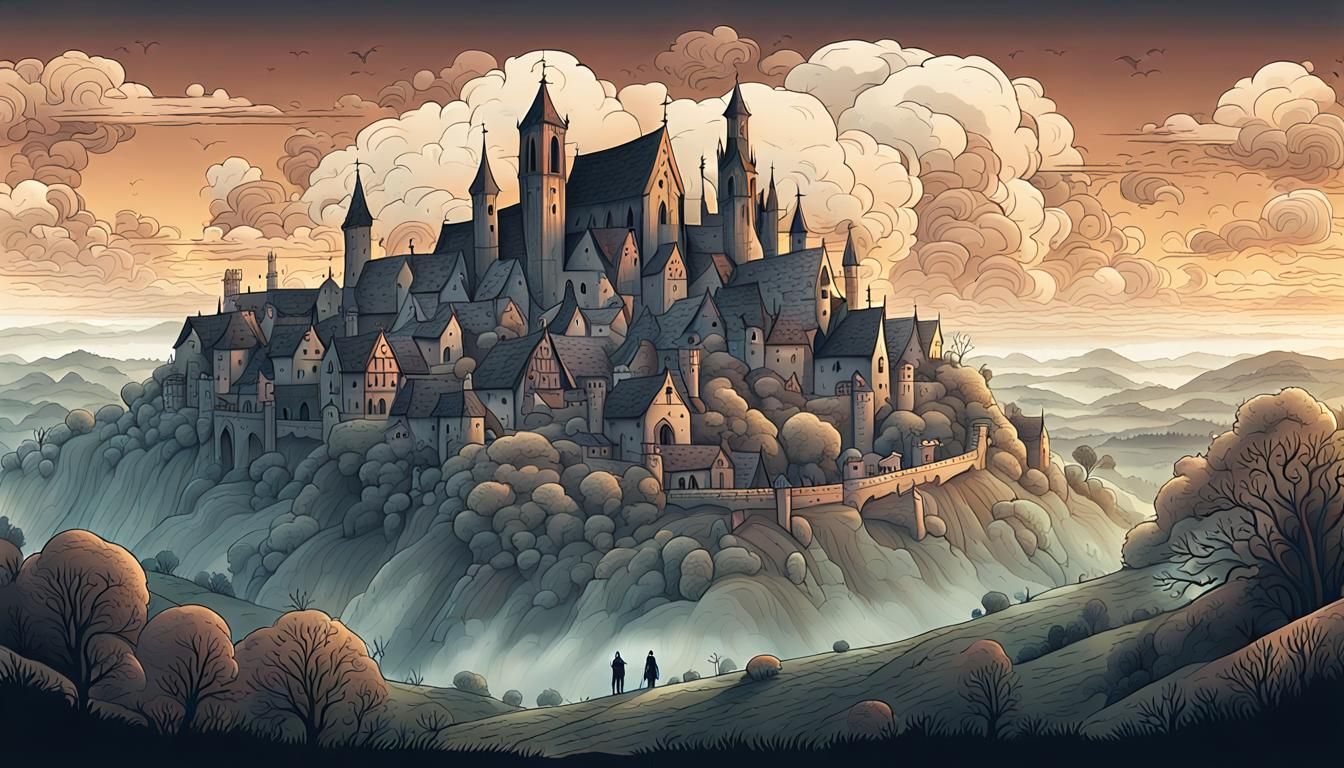 Gothic Village Panorama in Comic Book Style