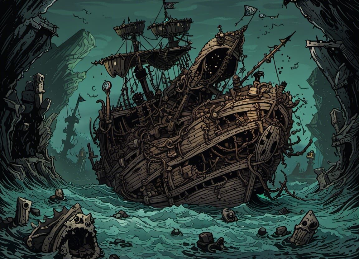 Sunken Sailing Ship in Dark Dungeon Style