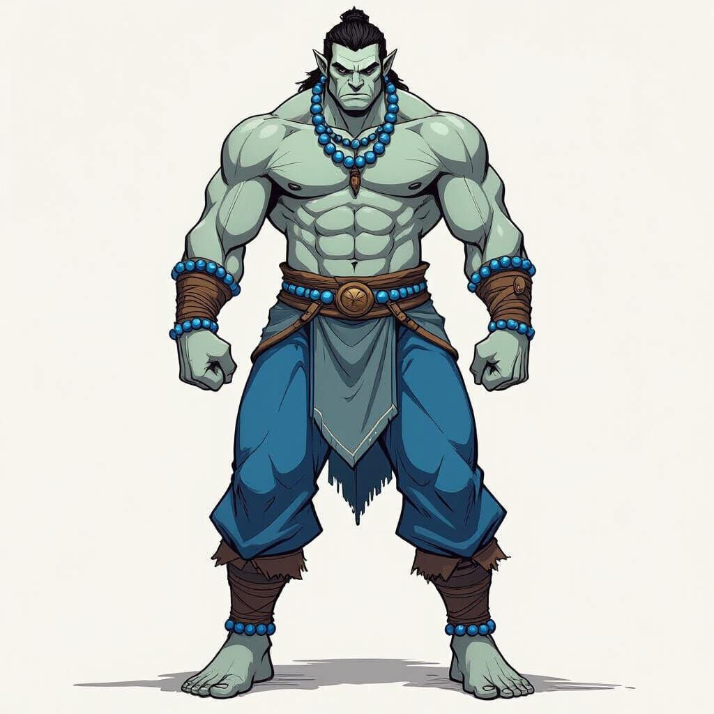 Muscular Half-Orc with Blue Beads in Concept Art Style