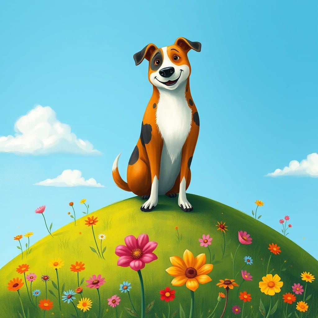 Whimsical 3-Legged Dog Sits Proudly in Enchanting Floral Lan...