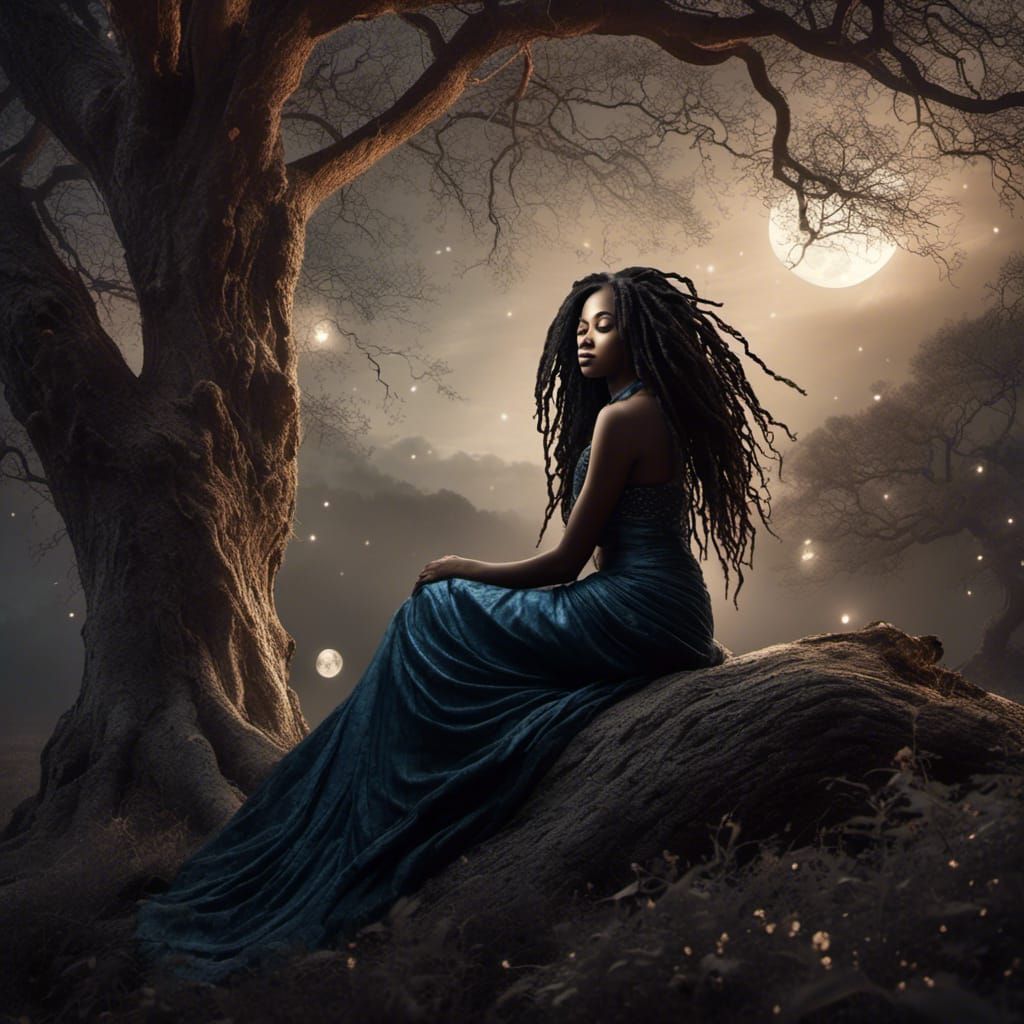 Moonlit Silhouette: Woman with Flowing Locs