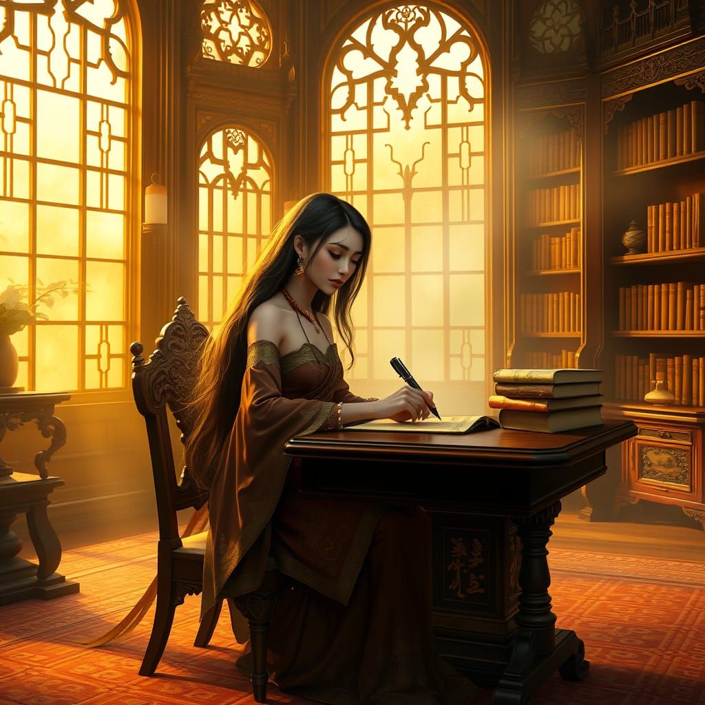 Enchanting Library Lady in Golden Light