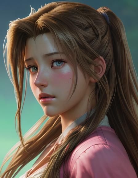 Hyperrealistic Aerith Gainsborough Portrait: Splash Art Conc...