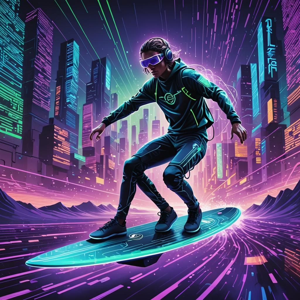Teenage Surfer Rides Digital Wave in Cyberpunk Style