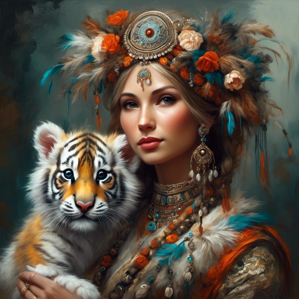 Woman Holding White Tiger Cub: Pre-Raphaelite Oil Painting