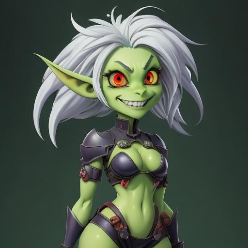 Anime Goblin Girl with White Hair and Red Eyes