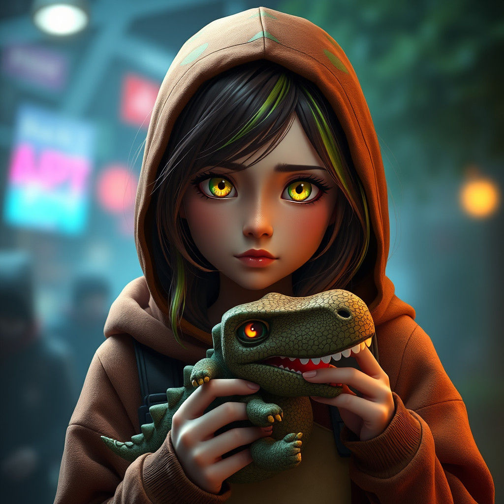 Teenage Girl with Dino Plush in Fantasy Concept Art