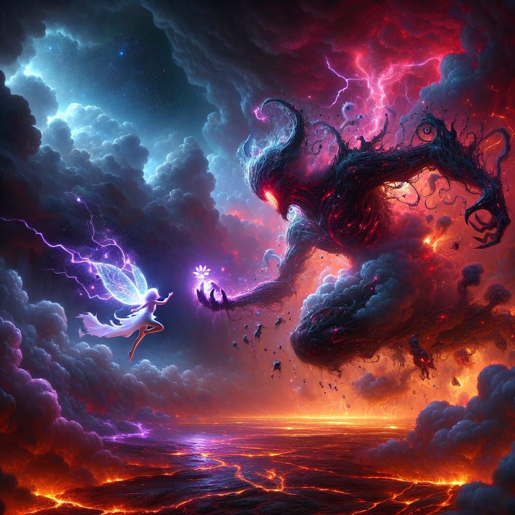 Epic Creature Battle in Stormy Landscape
