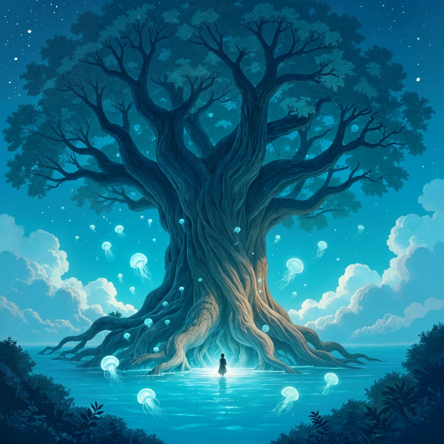 Ancient Ocean Tree Under Starry Sky