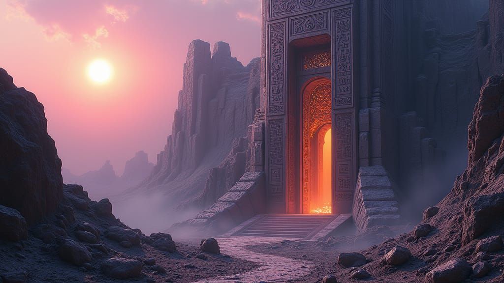 Alien Temple Entrance with Glowing Hieroglyphics at Binary S...