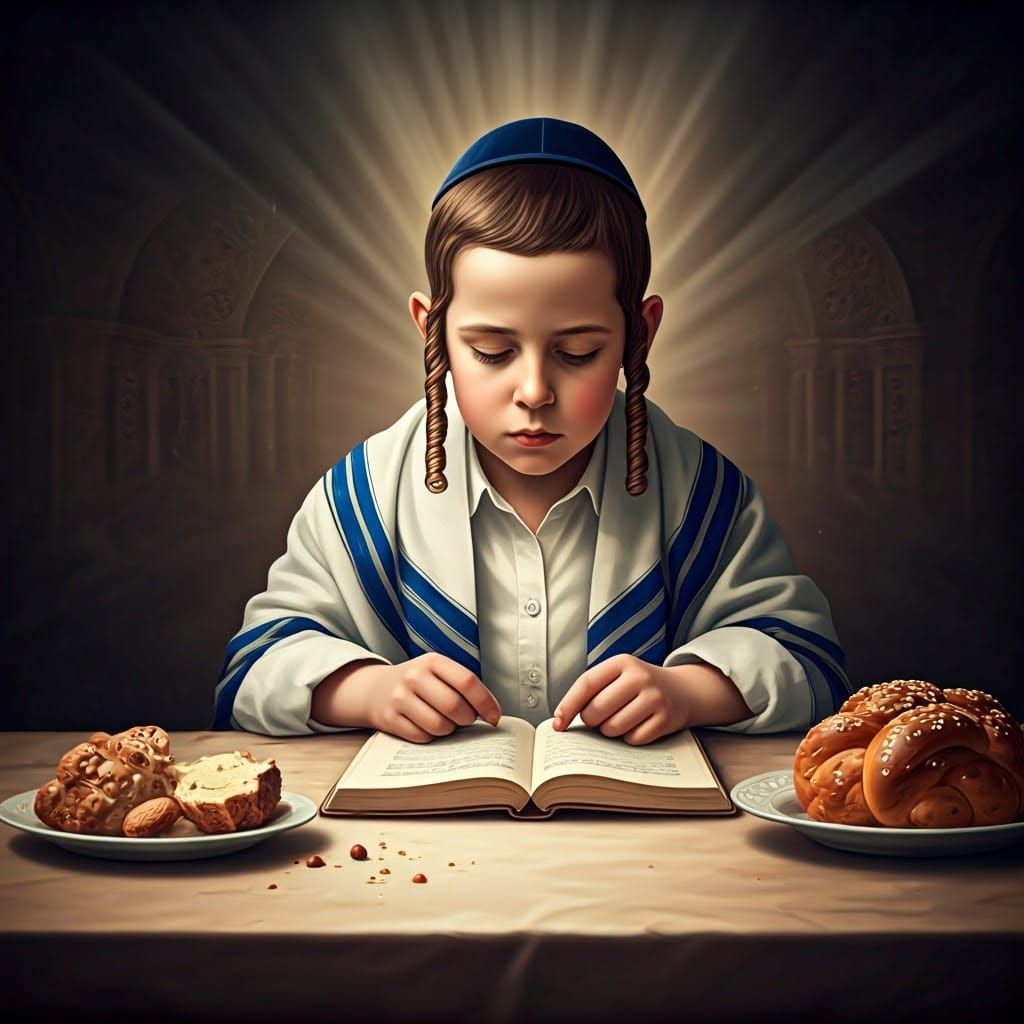 Hasidic Boy Blesses Food in Temple Setting