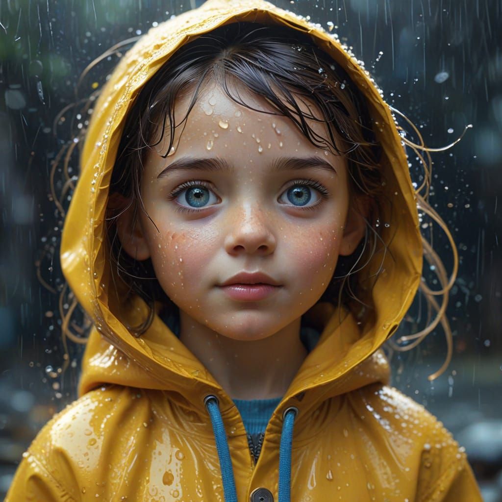 Magical Dream of a Young Girl in Yellow Raincoat