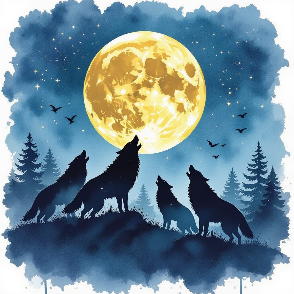 Wolves Howling at Moon in Alcohol Ink Style