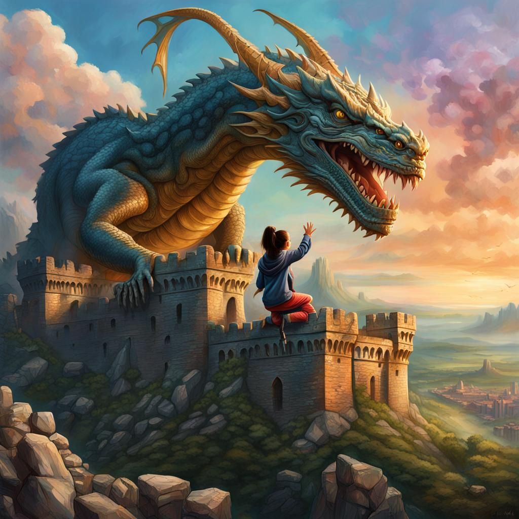 A dragon perched atop a ruined castle, with a small girl waving at it.