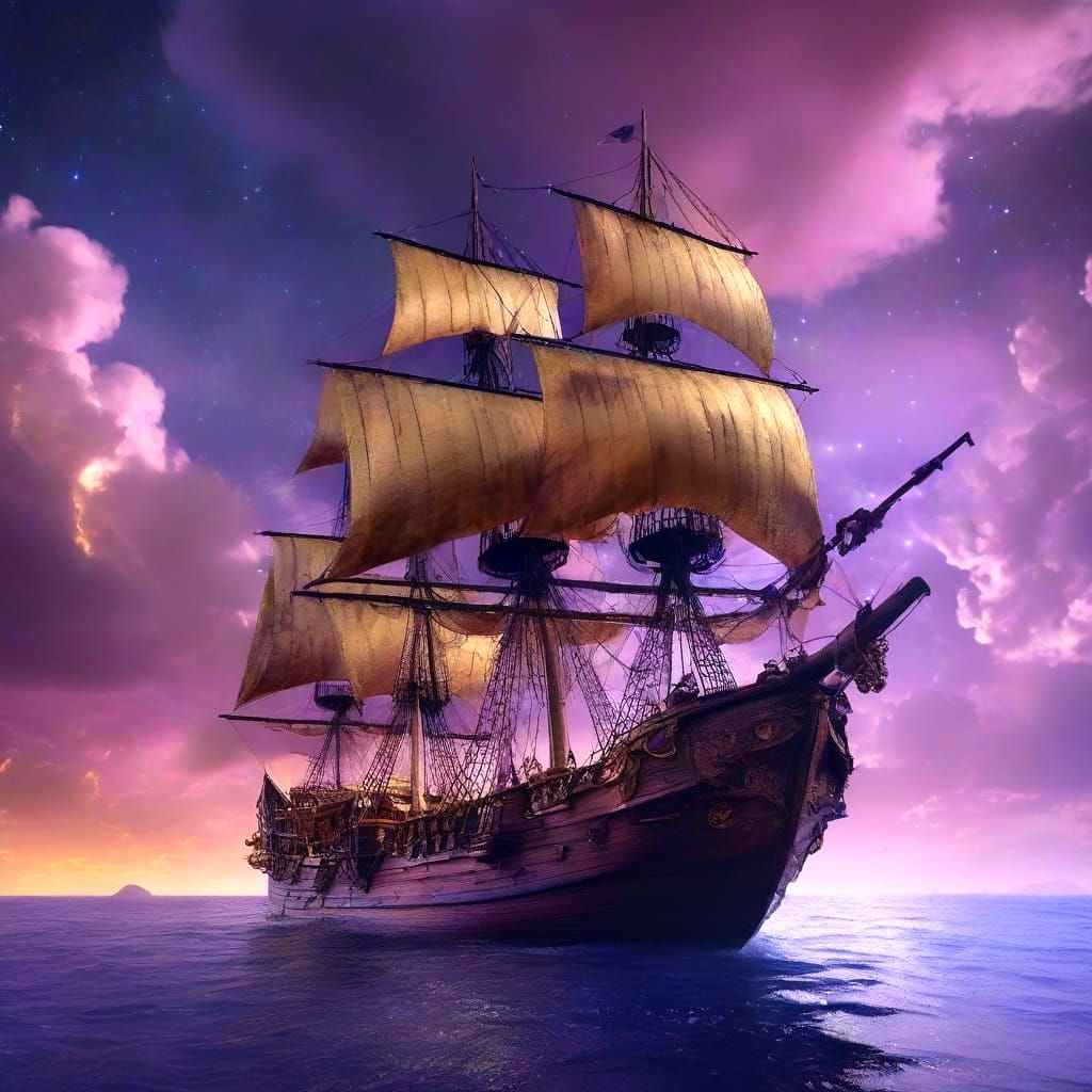 Pirate Ship Sails Nebula Sea: Dark Fantasy Art