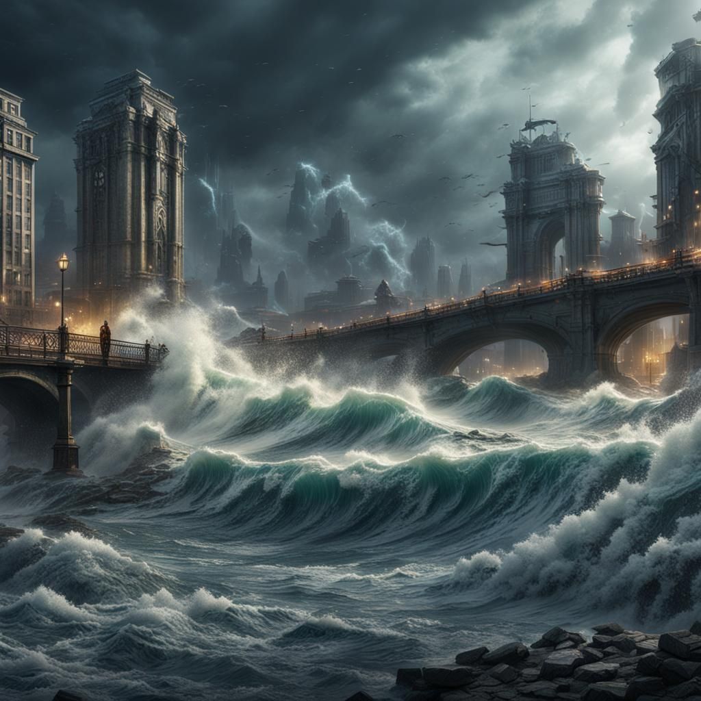 Rampaging Tidal Wave Engulfs City in Furious Storm
