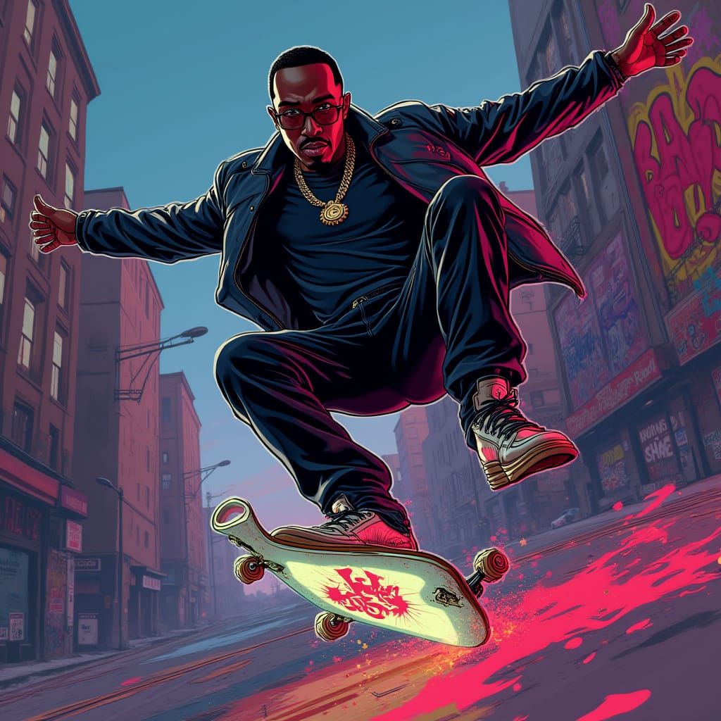 Diddy Performs a Dynamic Kickflip in a Futuristic Urban Sett...