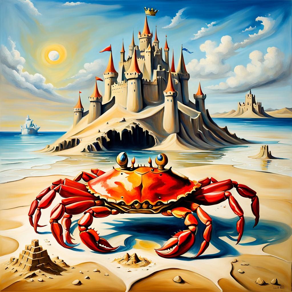Crowned Crab Guarding Sandcastle: Surreal Oil Painting